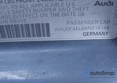 2010 Audi A4 2.0T Premium z USA, uszkodzony, nr VIN WAUDFAFL0AN014148